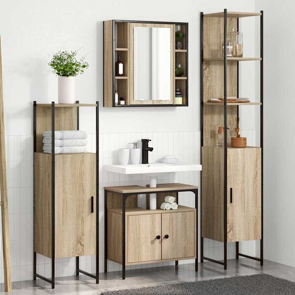 vidaXL Juego de muebles de ba&ntilde;o con estante 4 pcs Roble Sonoma