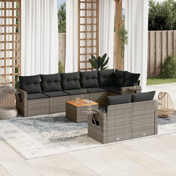 vidaXL Set de muebles de jard&iacute;n 9 pzas y cojines rat&aacute;n sint&eacute;tico gris