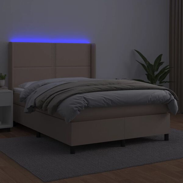 vidaXL Cama box spring colch&oacute;n LED cuero sint&eacute;tico capuchino 140x200cm