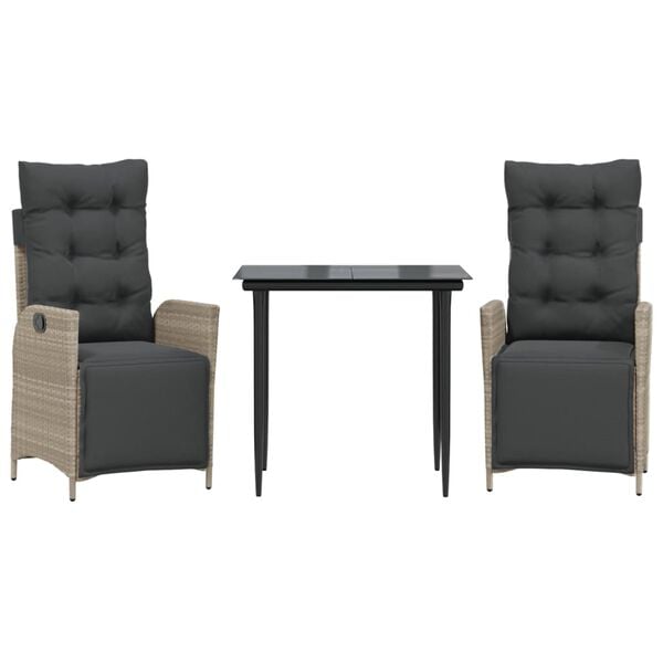 vidaXL Set comedor de jardín 3 pzas cojines ratán sintético gris claro