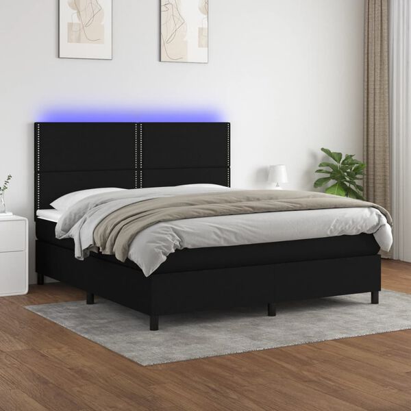 vidaXL Cama box spring colch&oacute;n y luces LED tela negro 180x200 cm