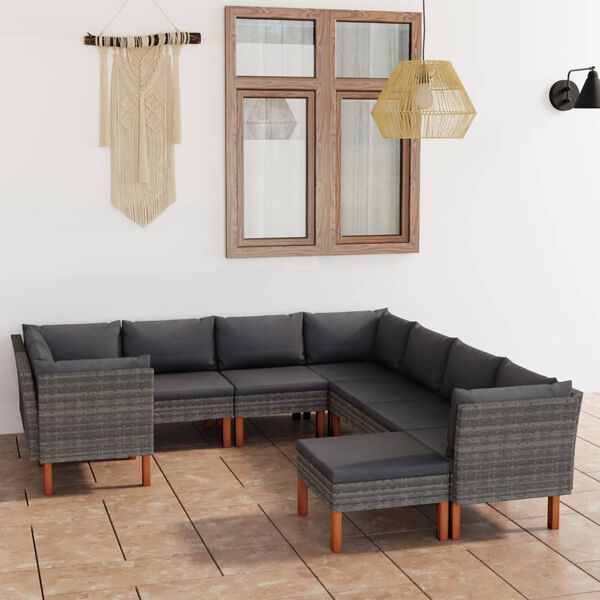 vidaXL Set de muebles de jard&iacute;n 9 pzas y cojines rat&aacute;n sint&eacute;tico gris