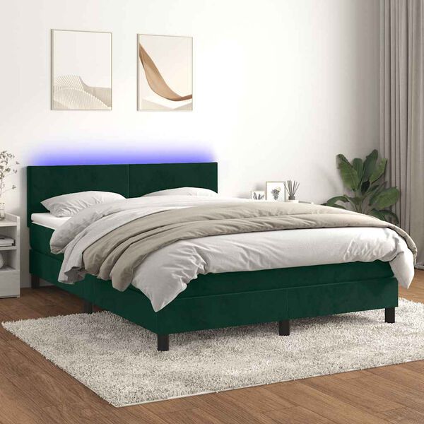 vidaXL Cama box spring colch&oacute;n y LED terciopelo verde oscuro 140x200cm