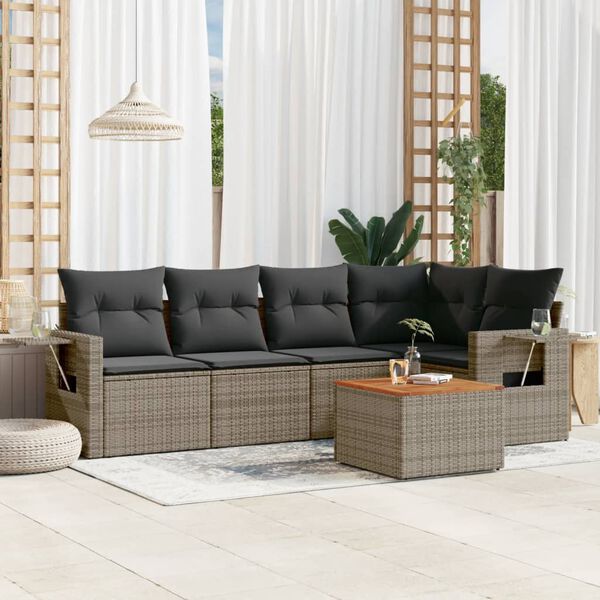 vidaXL Set de muebles de jard&iacute;n 6 pzas y cojines rat&aacute;n sint&eacute;tico gris
