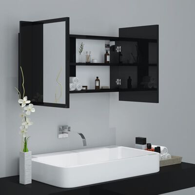 vidaXL Armario espejo de baño LED acrílico negro brillo 80x12x45 cm