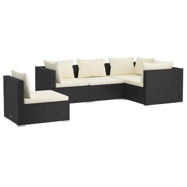 vidaXL Set de muebles de jard&iacute;n 5 pzas y cojines rat&aacute;n sint&eacute;tico negro