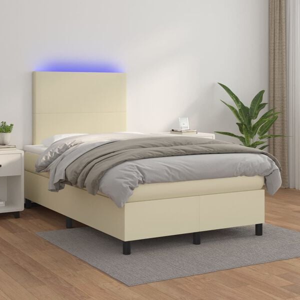 vidaXL Cama box spring colch&oacute;n y LED cuero sint&eacute;tico crema 120x200 cm