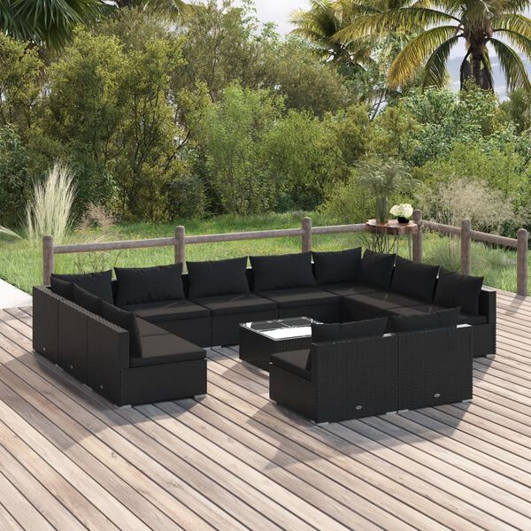 vidaXL Set de muebles de jardín 12 pzas cojines ratán sintético negro
