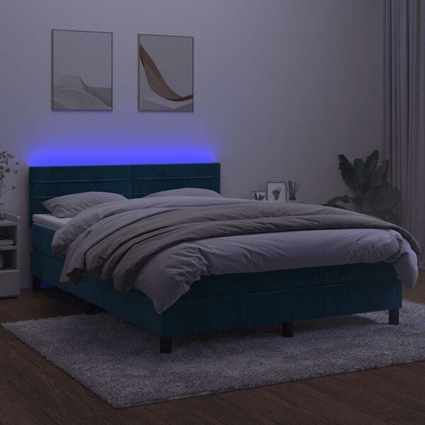 vidaXL Cama box spring colch&oacute;n y LED terciopelo azul oscuro 140x190 cm