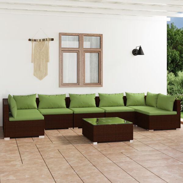 vidaXL Set muebles de jard&iacute;n 8 piezas y cojines rat&aacute;n sint&eacute;tico marr&oacute;n