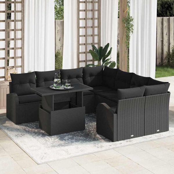 vidaXL Conjunto de sof&aacute; de jard&iacute;n 9 pcs Negro rat&aacute;n sint&eacute;tico