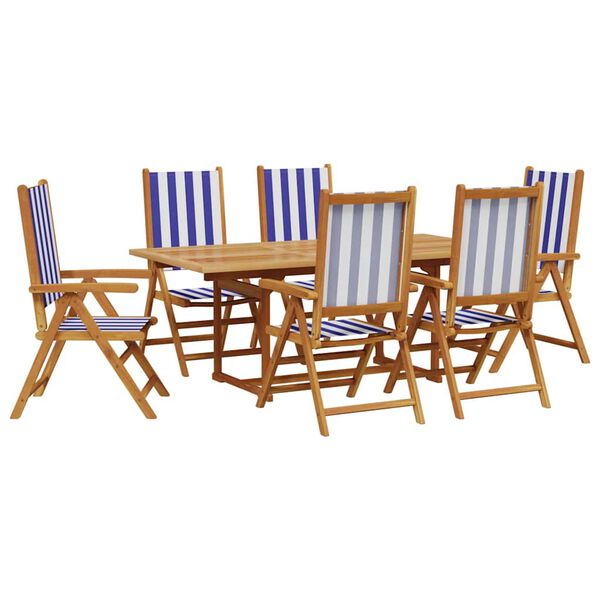 vidaXL Set de comedor de jard&iacute;n 7 pzas tela madera maciza azul blanco
