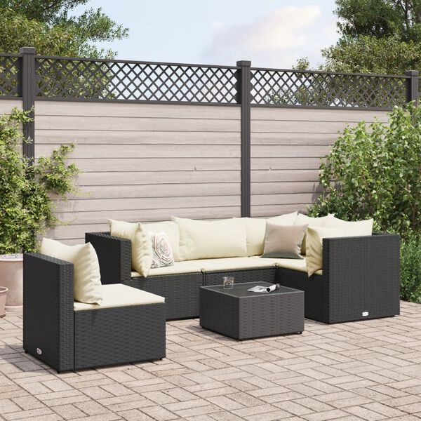 vidaXL Set muebles de jard&iacute;n 6 piezas y cojines rat&aacute;n sint&eacute;tico negro