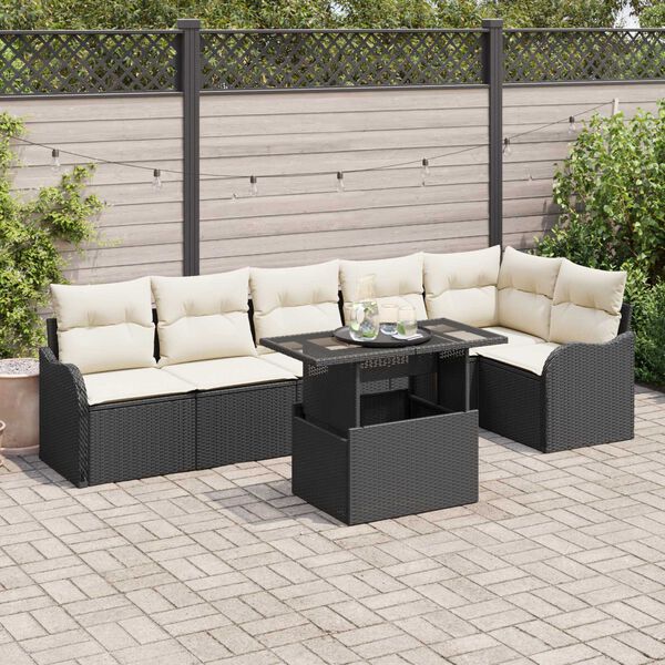 vidaXL Conjunto de sof&aacute; de jard&iacute;n 7 pcs Negro Rattan de Poli&eacute;ster