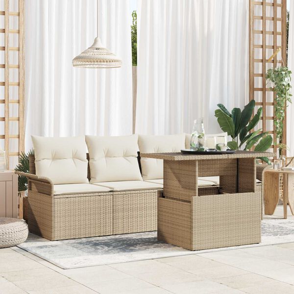 vidaXL Conjunto de sof&aacute; de jard&iacute;n 5 pcs Beige Rattan de Poli&eacute;ster