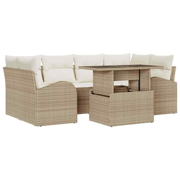 vidaXL Conjunto de sof&aacute; de jard&iacute;n 7 pcs Beige Rattan de Poli&eacute;ster