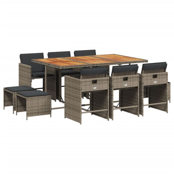 vidaXL Set de comedor de jard&iacute;n 11 pzas y cojines rat&aacute;n sint&eacute;tico gris