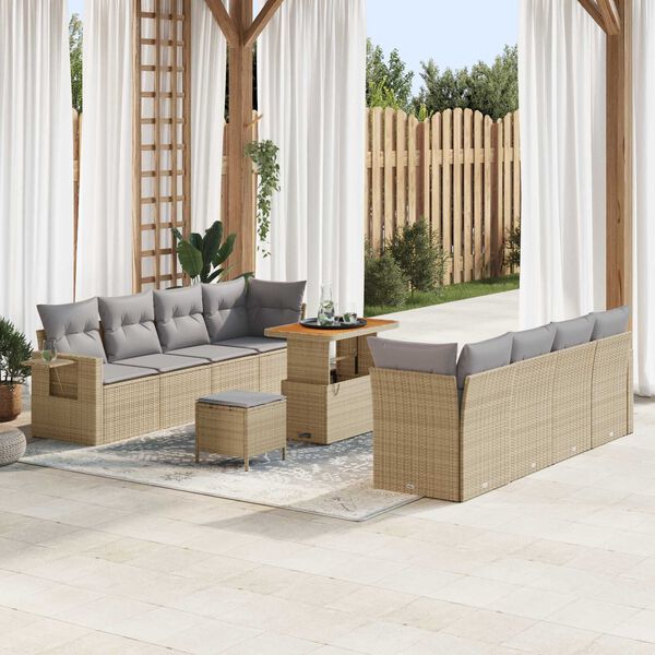 vidaXL Conjunto de sof&aacute; de jard&iacute;n con coj&iacute;n 11 pcs Beige Polirat&aacute;n