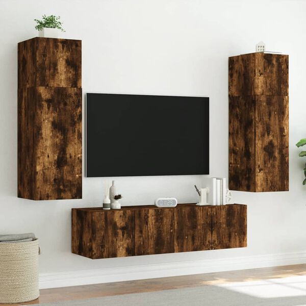 vidaXL Muebles TV pared con LED 6 pzas madera ingenier&iacute;a roble ahumado