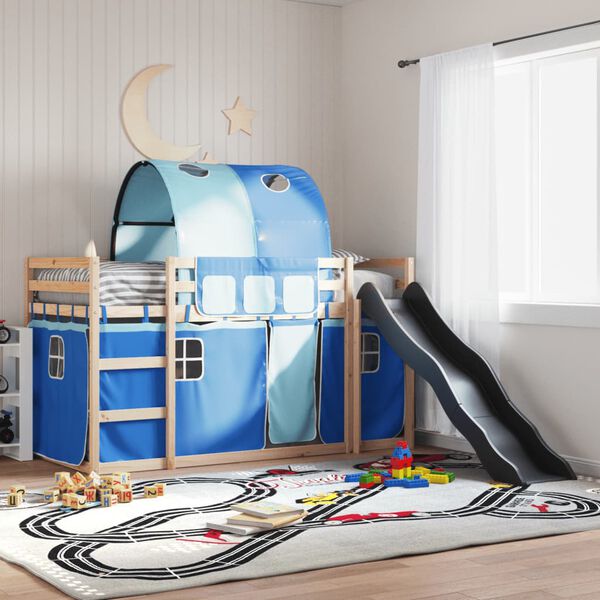 vidaXL Litera con tobog&aacute;n y cortinas azul 90x190 cm