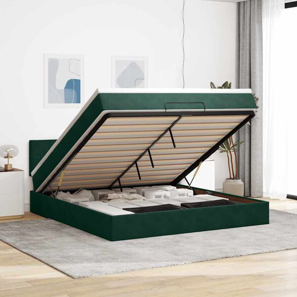 vidaXL Estructura de cama otomana con colch&oacute;n verde oscuro 160x200 cm
