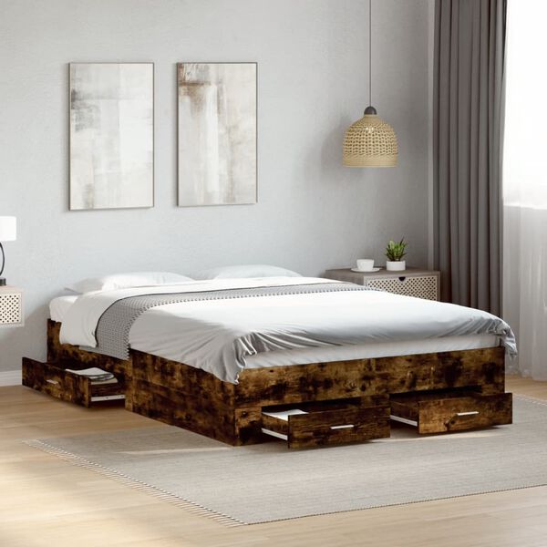 vidaXL Cama con cajones madera de ingenier&iacute;a roble ahumado 120x190 cm