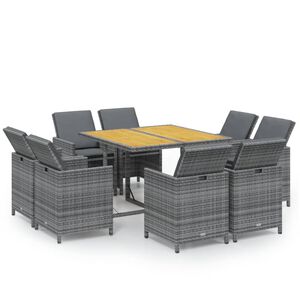 vidaXL Set comedor jard&iacute;n 9 pzas y cojines rat&aacute;n sint&eacute;tico gris