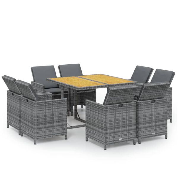 vidaXL Set comedor jardín 9 pzas y cojines ratán sintético gris