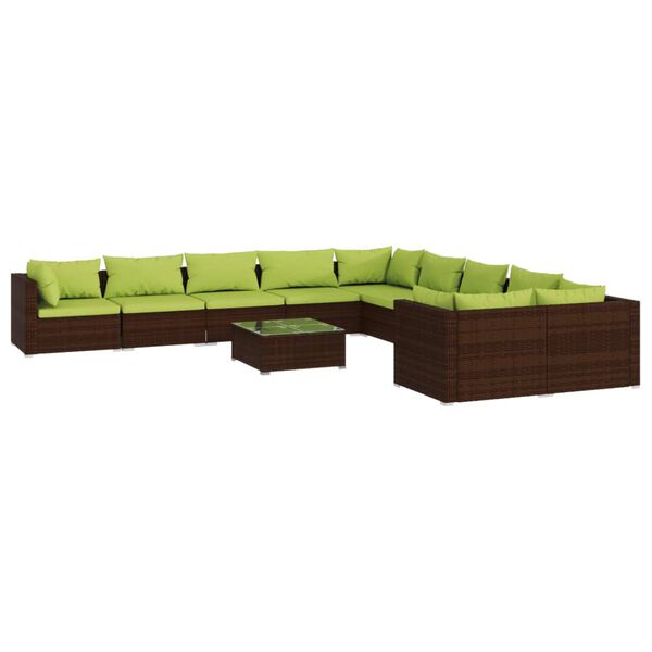 vidaXL Set muebles de jard&iacute;n 11 pzas y cojines rat&aacute;n sint&eacute;tico marr&oacute;n