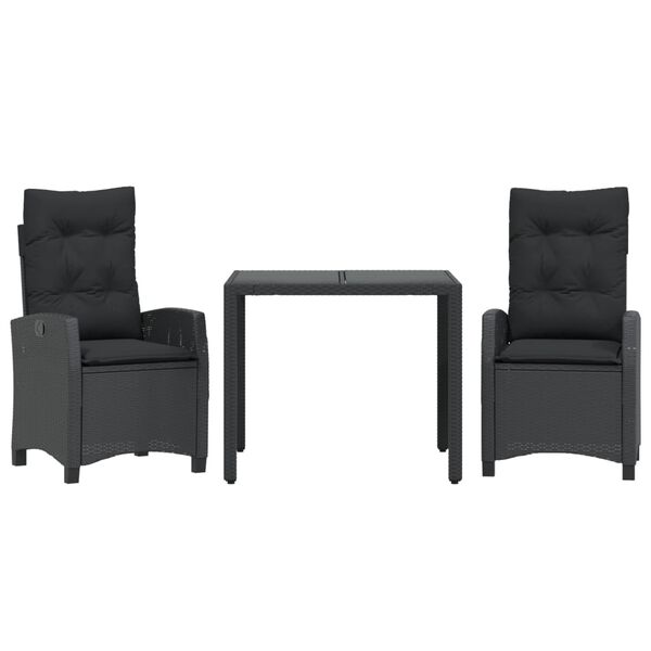 vidaXL Set comedor de jard&iacute;n 3 pzas con cojines rat&aacute;n sint&eacute;tico negro