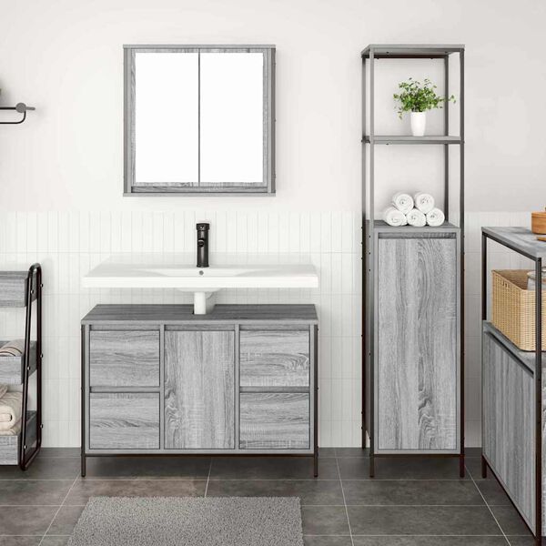 vidaXL Juego de muebles de ba&ntilde;o con caj&oacute;n 2 pcs Gris sonoma y Negro