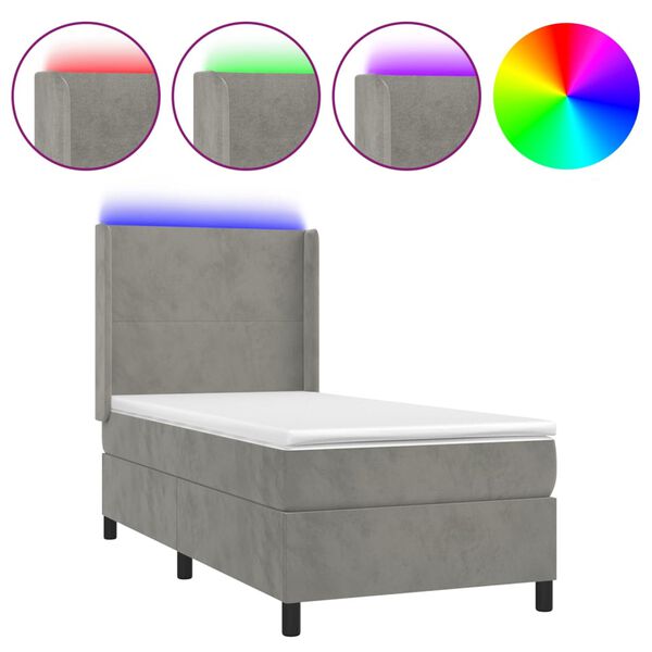 vidaXL Cama box spring colch&oacute;n y LED terciopelo gris claro 90x200 cm
