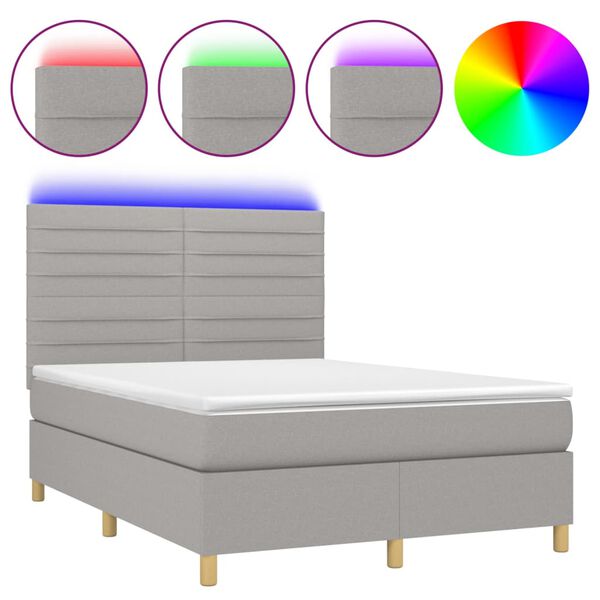 vidaXL Cama box spring colch&oacute;n y luces LED tela gris claro 140x190 cm
