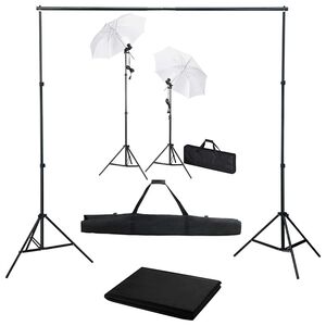 vidaXL Kit estudio fotogr&aacute;fico con tel&oacute;n de fondo, l&aacute;mparas y paraguas