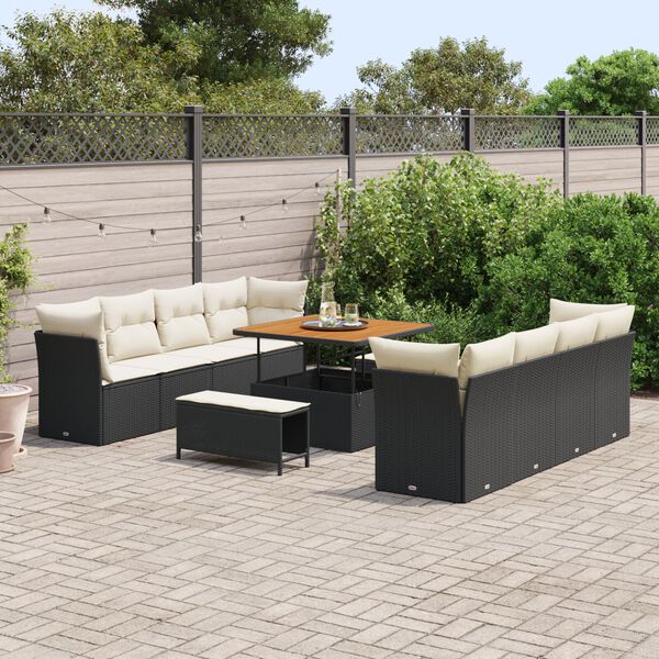 vidaXL Conjunto de sof&aacute; de jard&iacute;n 11 pcs Negro y crema rat&aacute;n sint&eacute;tico