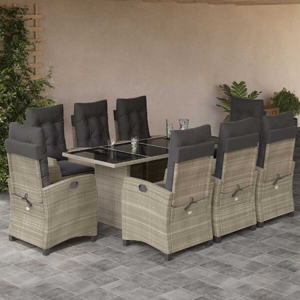 vidaXL Set comedor de jard&iacute;n 9 pzas cojines rat&aacute;n sint&eacute;tico gris claro