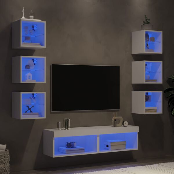 vidaXL Muebles de TV de pared con LED 8 pzas madera ingenier&iacute;a blanco