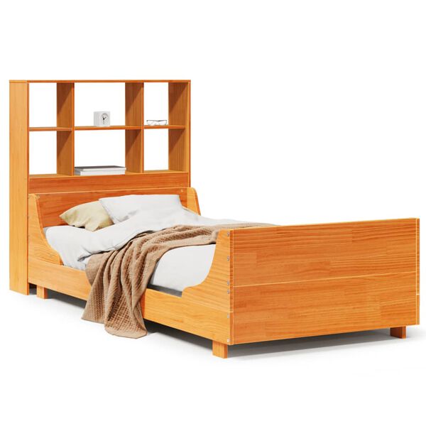 vidaXL Cama con estanter&iacute;a sin colch&oacute;n madera maciza marr&oacute;n 100x200 cm