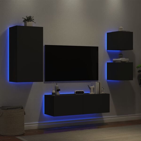 vidaXL Muebles de TV de pared con luces LED 4 piezas negro