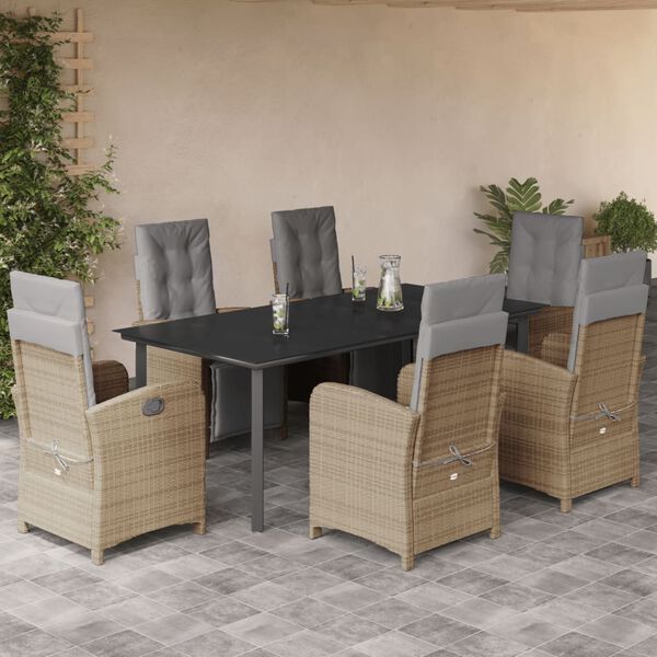 vidaXL Set comedor de jard&iacute;n 7 pzas con cojines rat&aacute;n sint&eacute;tico beige