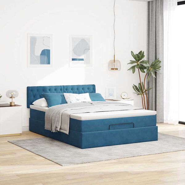 vidaXL Estructura de cama otomana con colch&oacute;n azul oscuro 140x200 cm