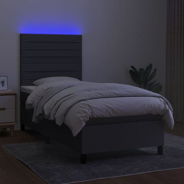 vidaXL Cama box spring colch&oacute;n y luces LED tela gris oscuro 90x200 cm