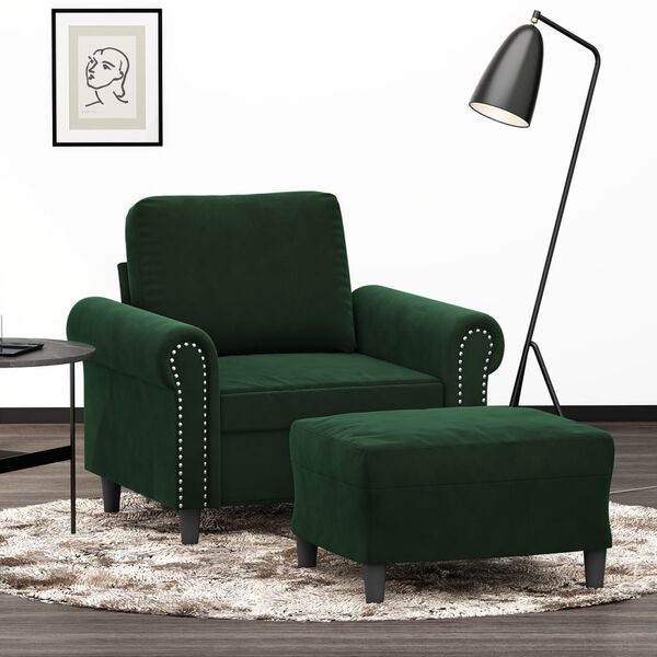 vidaXL Sill&oacute;n con taburete terciopelo verde oscuro 60 cm