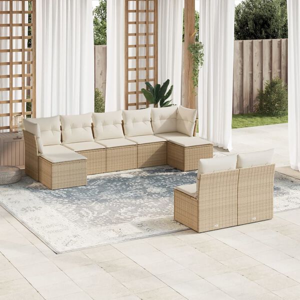 vidaXL Set de sof&aacute;s de jard&iacute;n 9 pzas con cojines rat&aacute;n sint&eacute;tico beige