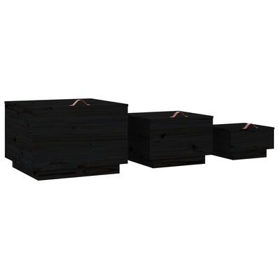 vidaXL Cajas de almacenaje con tapa 3 pzas madera maciza pino negro