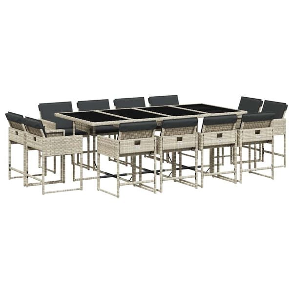 vidaXL Set comedor jard&iacute;n y cojines 13 pzas rat&aacute;n sint&eacute;tico gris claro
