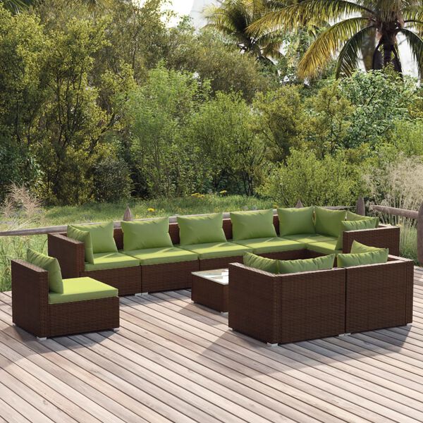 vidaXL Set muebles de jardín 10 pzas y cojines ratán sintético marrón