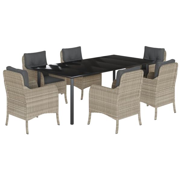 vidaXL Set comedor jard&iacute;n 7 pzas y cojines rat&aacute;n sint&eacute;tico gris claro