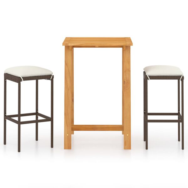 vidaXL Set de bar para jardín 3 piezas y cojines ratán sintético marrón