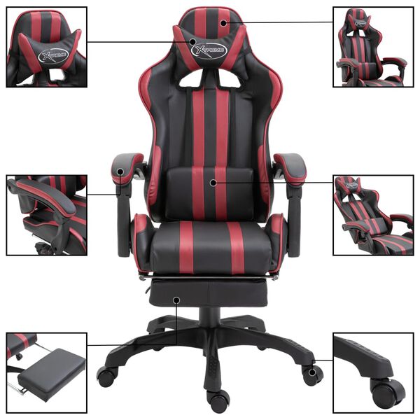 vidaXL Silla gaming con reposapi&eacute;s cuero sint&eacute;tico color vino tinto